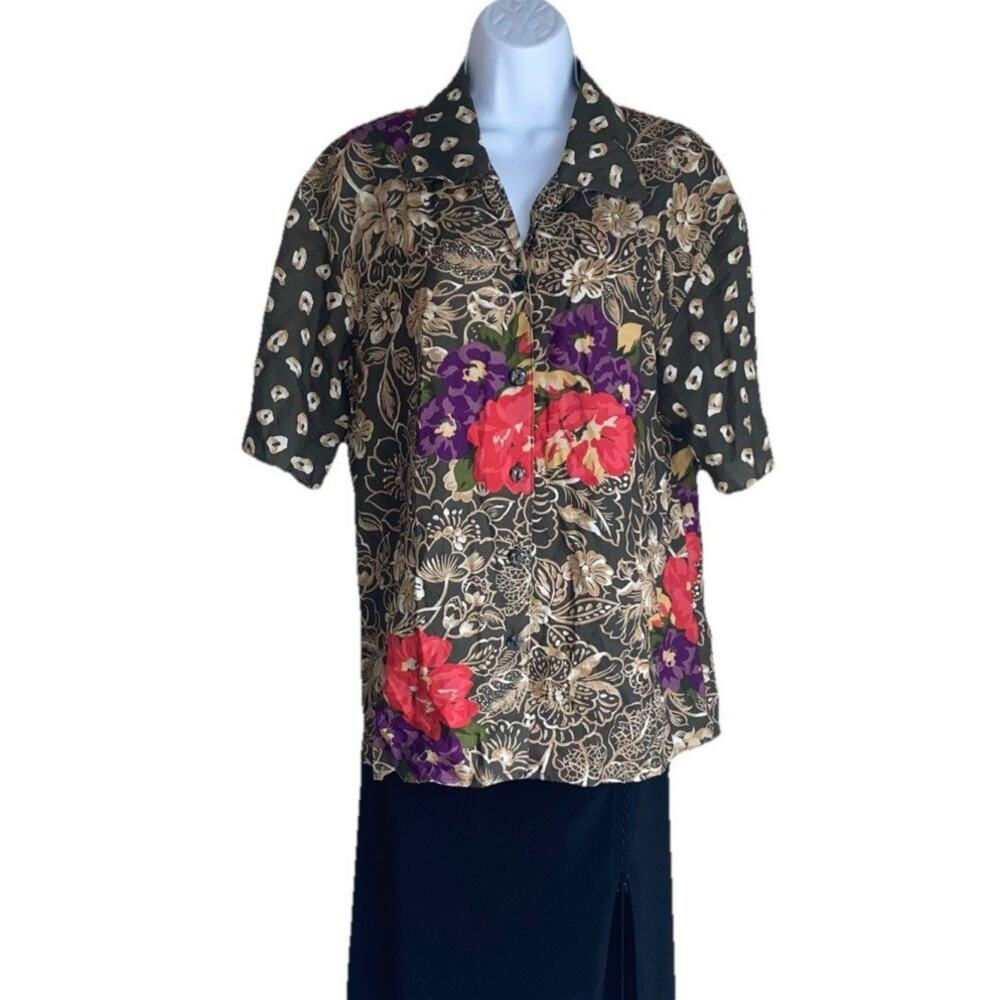 Y2K VTG Modiano Womens Large Button Front Flowy Floral Shirt Blouse Multicolor